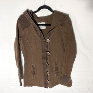 Natural Reflections Brown Cotton Distressed Button Up Hoodie Cardigan L